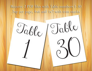 Table Numbers 1-30, Black Script - DIY Printable Table Numbers for Wedding or other event - J & S Graphics
