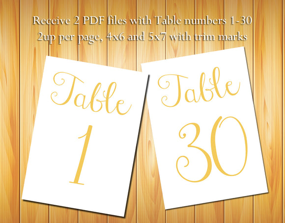 Table Numbers 1-30, Gold Script - DIY Printable Table Numbers for Wedding or other Event - J & S Graphics
