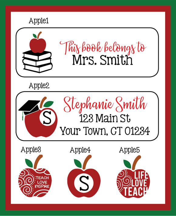 Personalized TEACHER BOOK Labels or ADDRESS Labels, Apples, Sets of 30, Initials