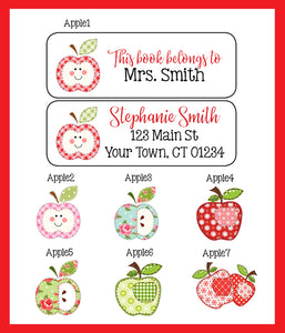 Personalized TEACHER BOOK or Return ADDRESS Labels, Patchwork Apples, Sets of 30 - J & S Graphics