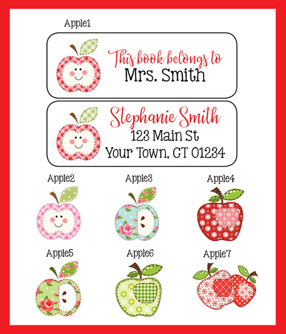 Personalized TEACHER BOOK or Return ADDRESS Labels, Patchwork Apples, Sets of 30 - J & S Graphics