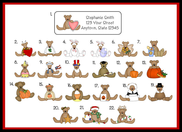 Personalized Seasonal Teddy Bear Address Labels, Christmas, Valentine's, St. Patrick's, Easter, Birthday, more - J & S Graphics