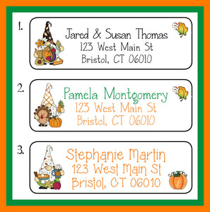 THANKSGIVING Gnomes Address Labels, Return Address Labels, Sets of 30, Pumpkin, Cornucopia, Turkey, Personalized