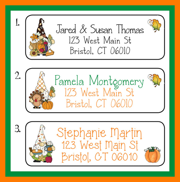THANKSGIVING Gnomes Address Labels, Return Address Labels, Sets of 30, Pumpkin, Cornucopia, Turkey, Personalized
