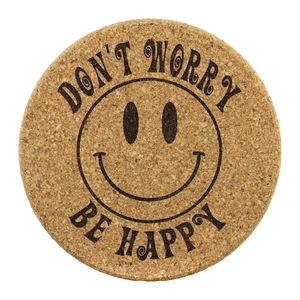 Don't Worry, Be Happy 4pc Set of Cork Coasters, Smiley Face