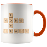 PEACE LOVE HOPE Scrabble Pieces 11oz Color Accent COFFEE MUG