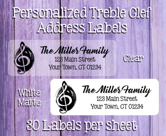 TREBLE CLEF Personalized Address Labels, Return Address Labels, White, or Clear Labels, Sets of 30, G CLEF - J & S Graphics