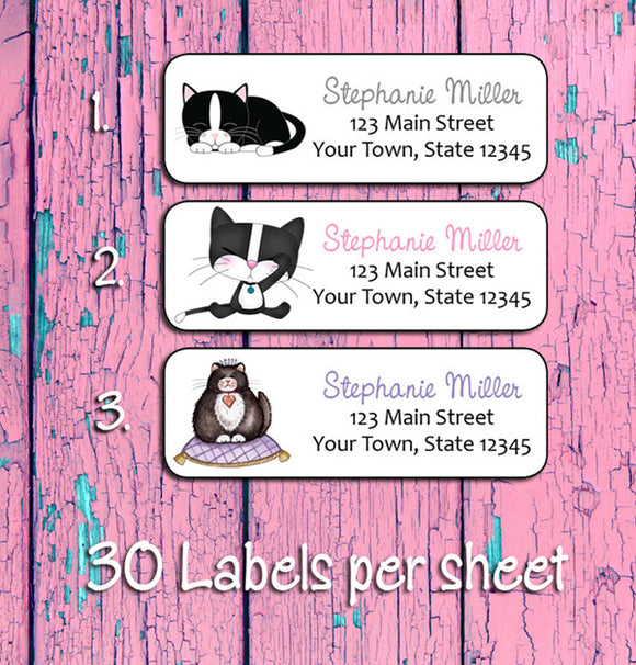 Personalized TUXEDO CAT Address LABELS, 30 Return Address Labels per sheet, Black & White Cat - J & S Graphics