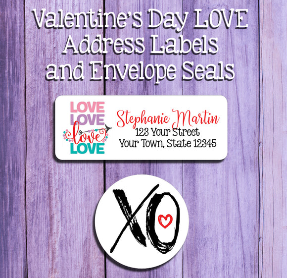LOVE XOXO Address Labels and Matching Seals, Sets of 30, Personalized, Valentine's Day - J & S Graphics