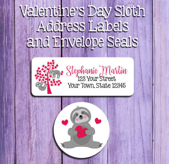SLOTH LOVE Address Labels and Matching Seals, Sets of 30, Personalized, Valentine's Day - J & S Graphics