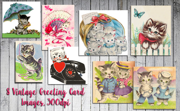 Instant Download VINTAGE GREETING CARDS - 8 Different Cat Images - J & S Graphics