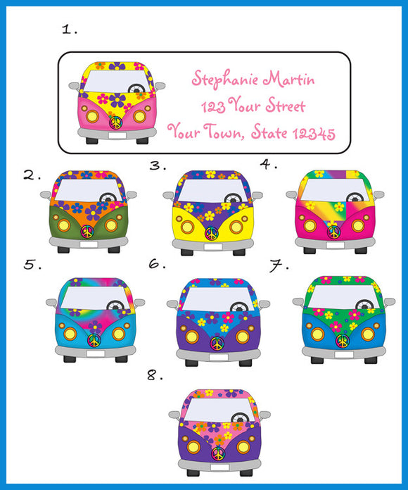 Personalized VW Bus, VW Flowered Buses Return Address Labels - J & S Graphics