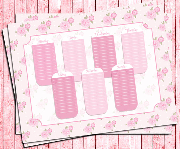 Weekly To Do List PLANNER Page, PINK ROSES Shabby Chic Design, Instant Download Digital File - J & S Graphics