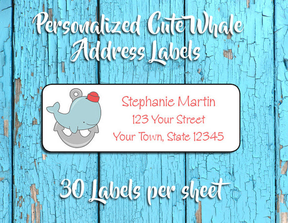 Personalized WHALE on Anchor Address Labels, Return Address Labels, Sailor's Cap, Nautical - J & S Graphics