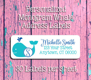 Personalized Monogram WHALE Address Labels, Return Address Labels, Summer. Nautical - J & S Graphics