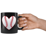 LOVE BASEBALL 11oz Black COFFEE MUG Heart Baseball