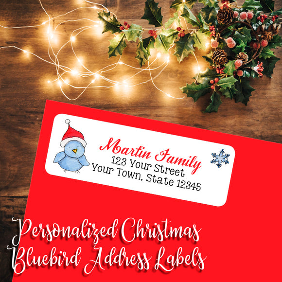 Christmas Return Address Labels BLUE BIRD with Santa Hat, Personalized - J & S Graphics