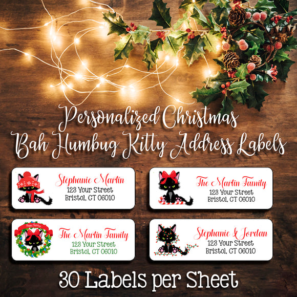 Christmas Grumpy Kitty Cats Return Address Labels, Personalized, Bah Humbug!