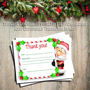 Children's CHRISTMAS THANK YOU Note CARDS, Digital Printable, Fill in the Blanks - J & S Graphics