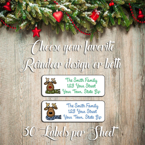 CHRISTMAS Address Labels, Family, Reindeer with Scarves, Personalized - J & S Graphics