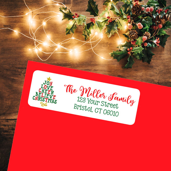 CHRISTMAS TREE Address Labels, Return Address Labels, Christmas Tree Words, Personalized - J & S Graphics