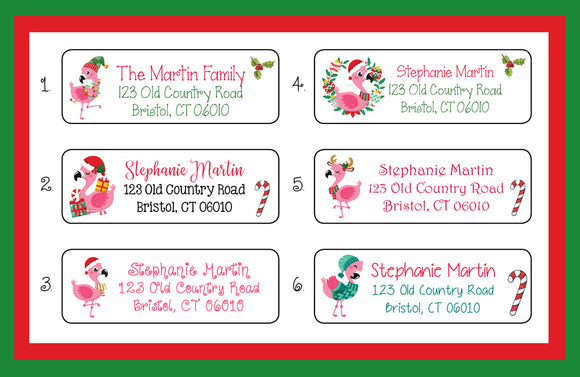 Personalized CHRISTMAS FLAMINGOS Theme Address Labels, Return Address Labels, Sets of 30, tropical