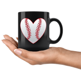 LOVE BASEBALL 11oz Black COFFEE MUG Heart Baseball